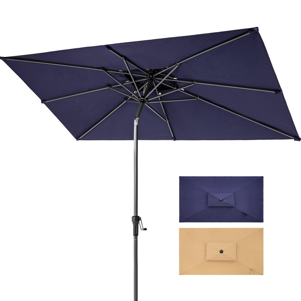 Sombrilla de patio rectangular inclinable de poliéster azul marino de 10 pies con soporte