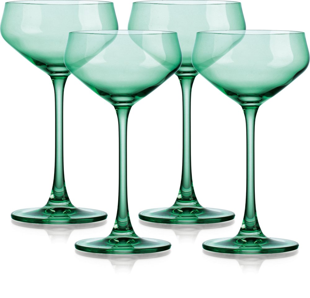 Juego de cuatro cuencos de cristal verde poco profundos con tallo cupé