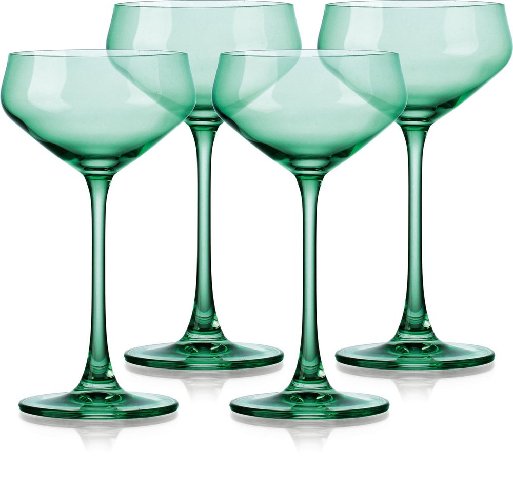 Juego de cuatro cuencos de cristal verde poco profundos con tallo cupé