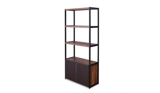 Librería de tres niveles de metal marrón y negro con dos puertas