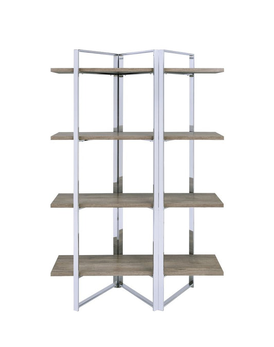 Librería de cuatro niveles de madera y metal natural y plateado de 72"