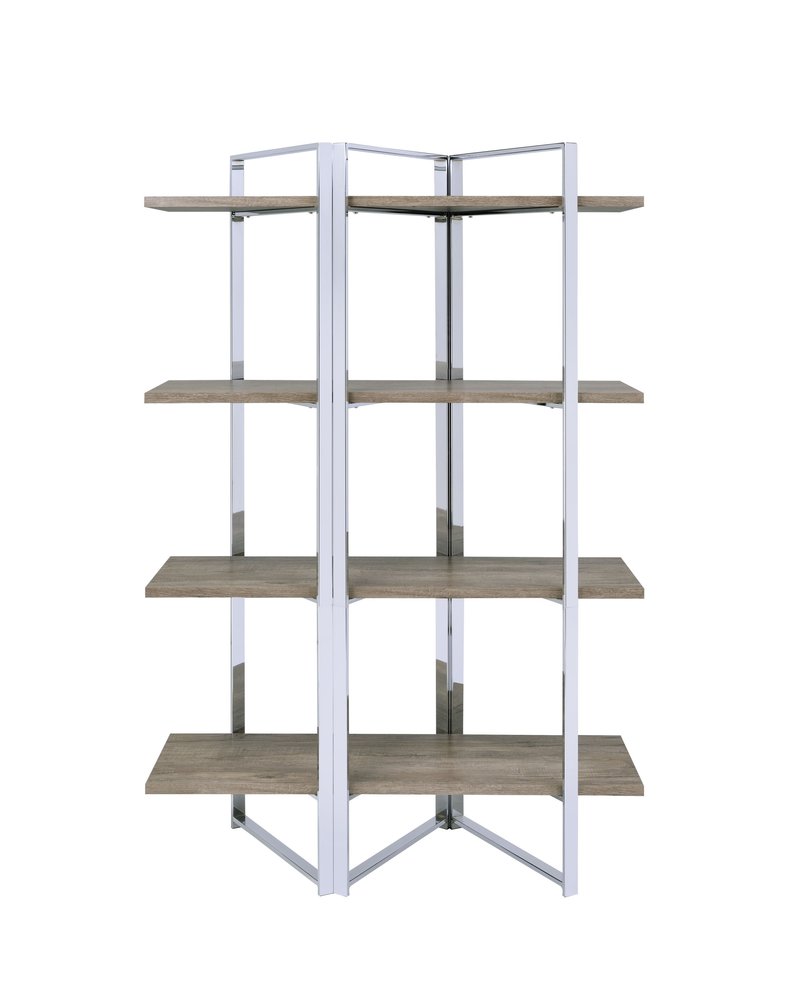 Librería de cuatro niveles de madera y metal natural y plateado de 72"