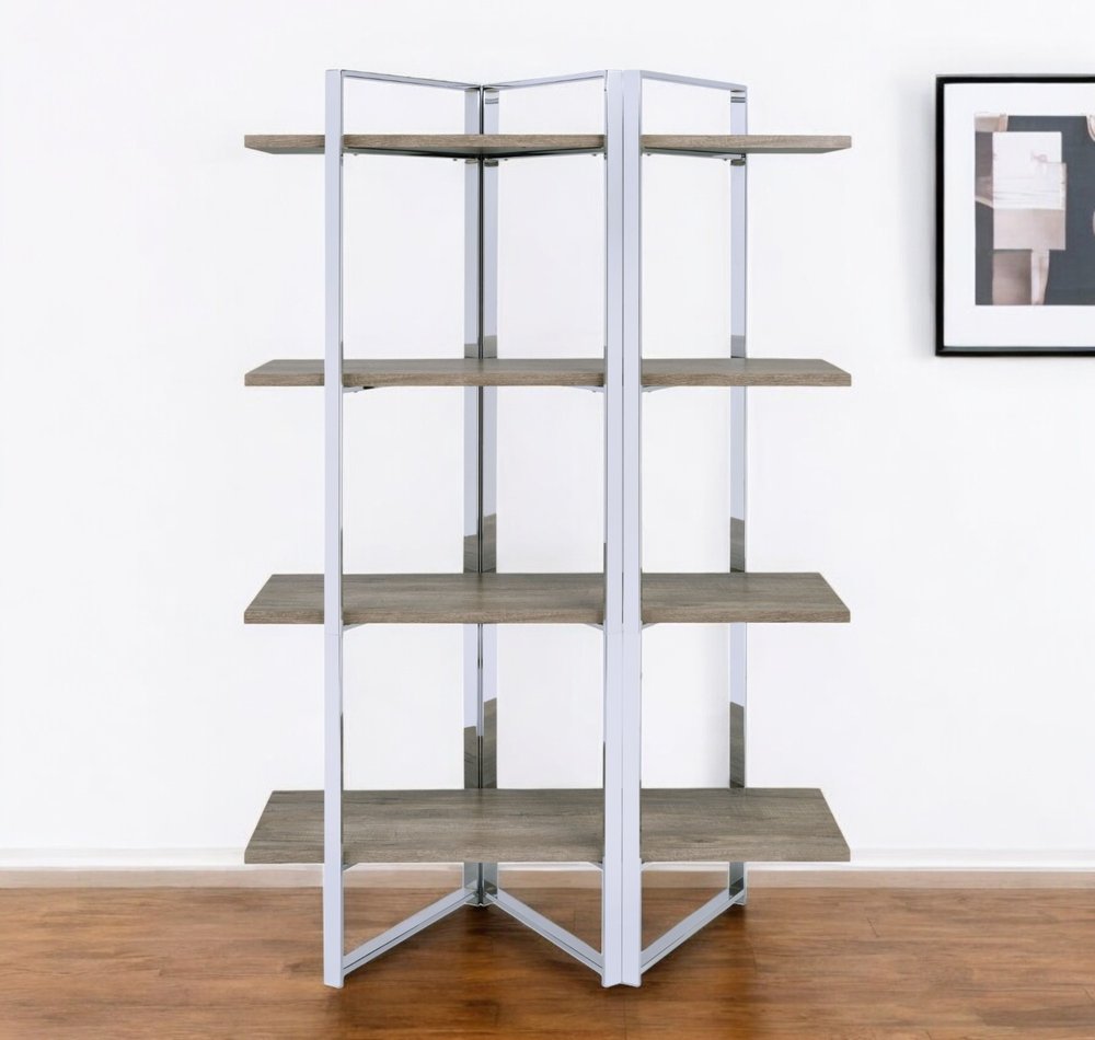 Librería de cuatro niveles de madera y metal natural y plateado de 72"