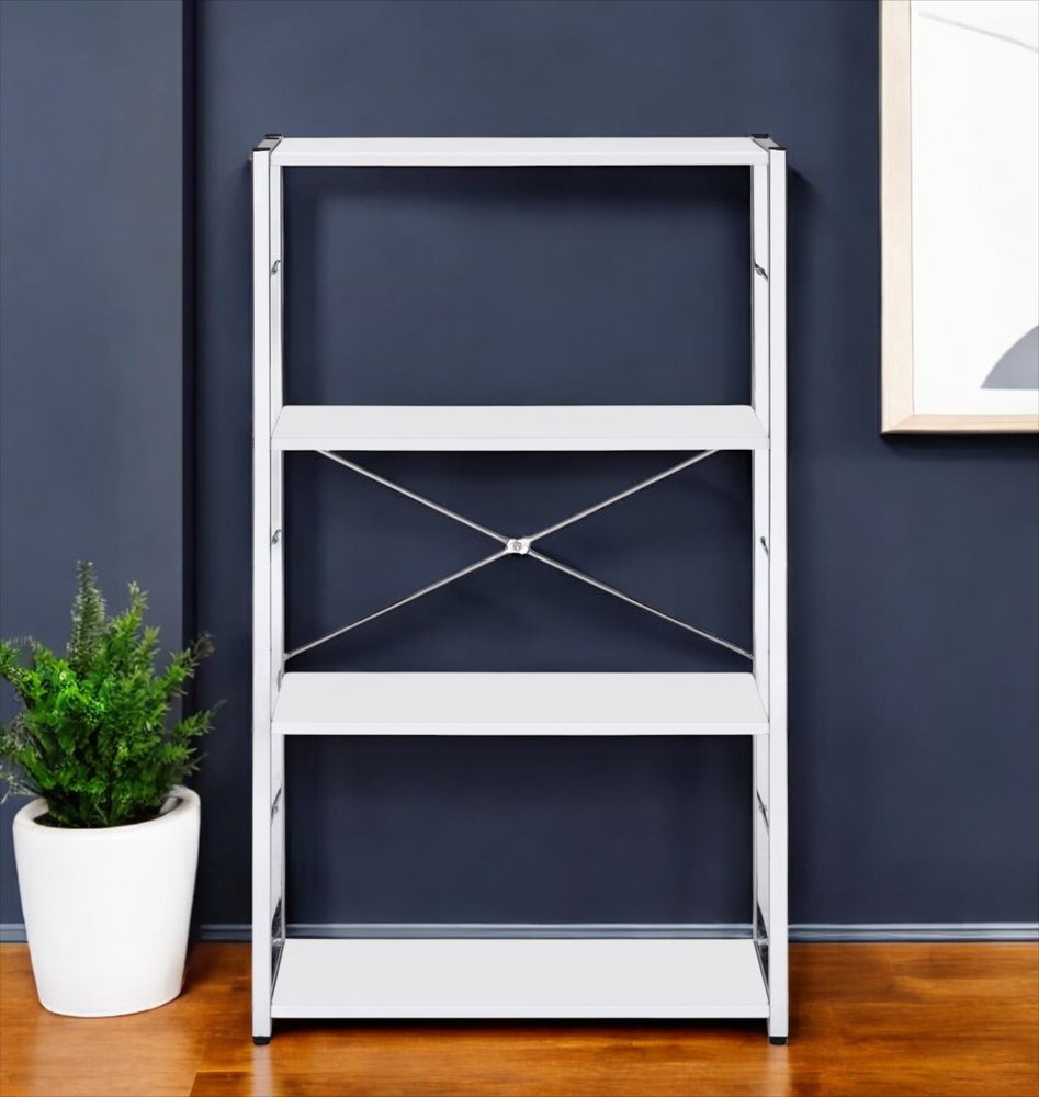 Librería de cuatro niveles de madera y metal blanco y plateado de 42"