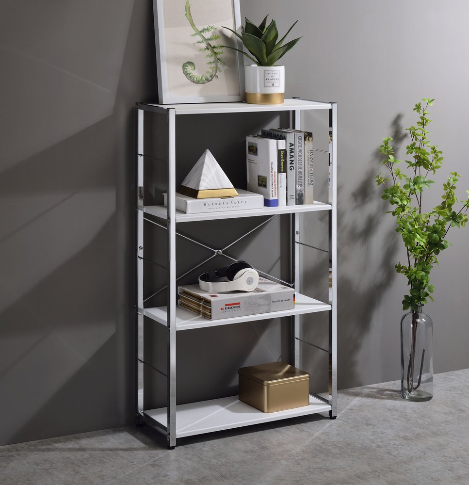 Librería de cuatro niveles de madera y metal blanco y plateado de 42"