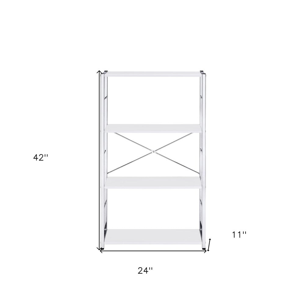 Librería de cuatro niveles de madera y metal blanco y plateado de 42"