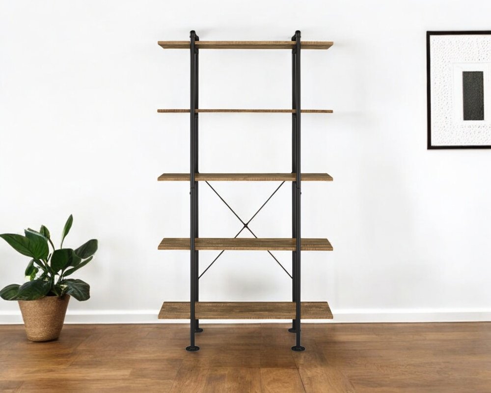 73" Brown And Black Metal Five Tier Etagere Bookcase
