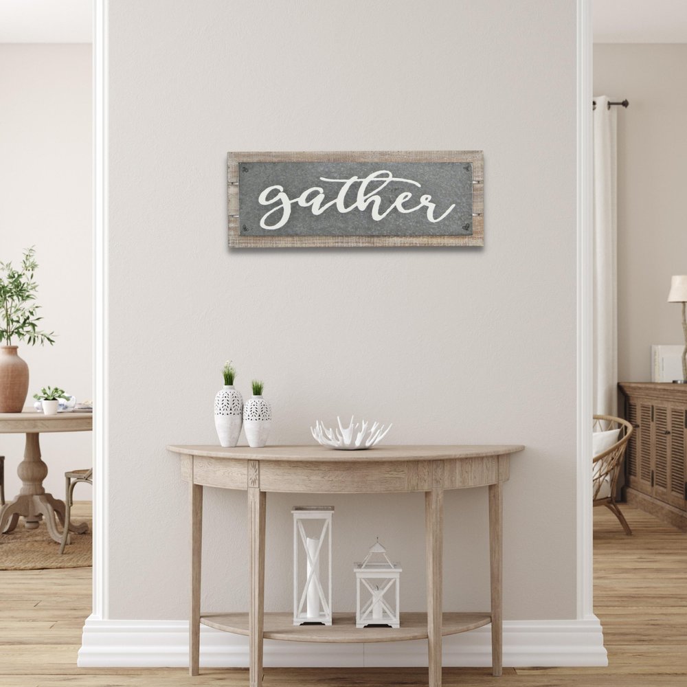 10" X 25" Brown and Gray Gather Wood and Metal Wall Decor