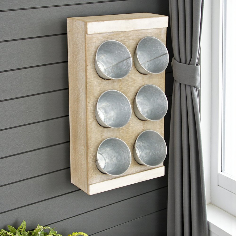 Set of Six Natural And Silver Metal And Wood 10 Ounce Wall Planters With Stand