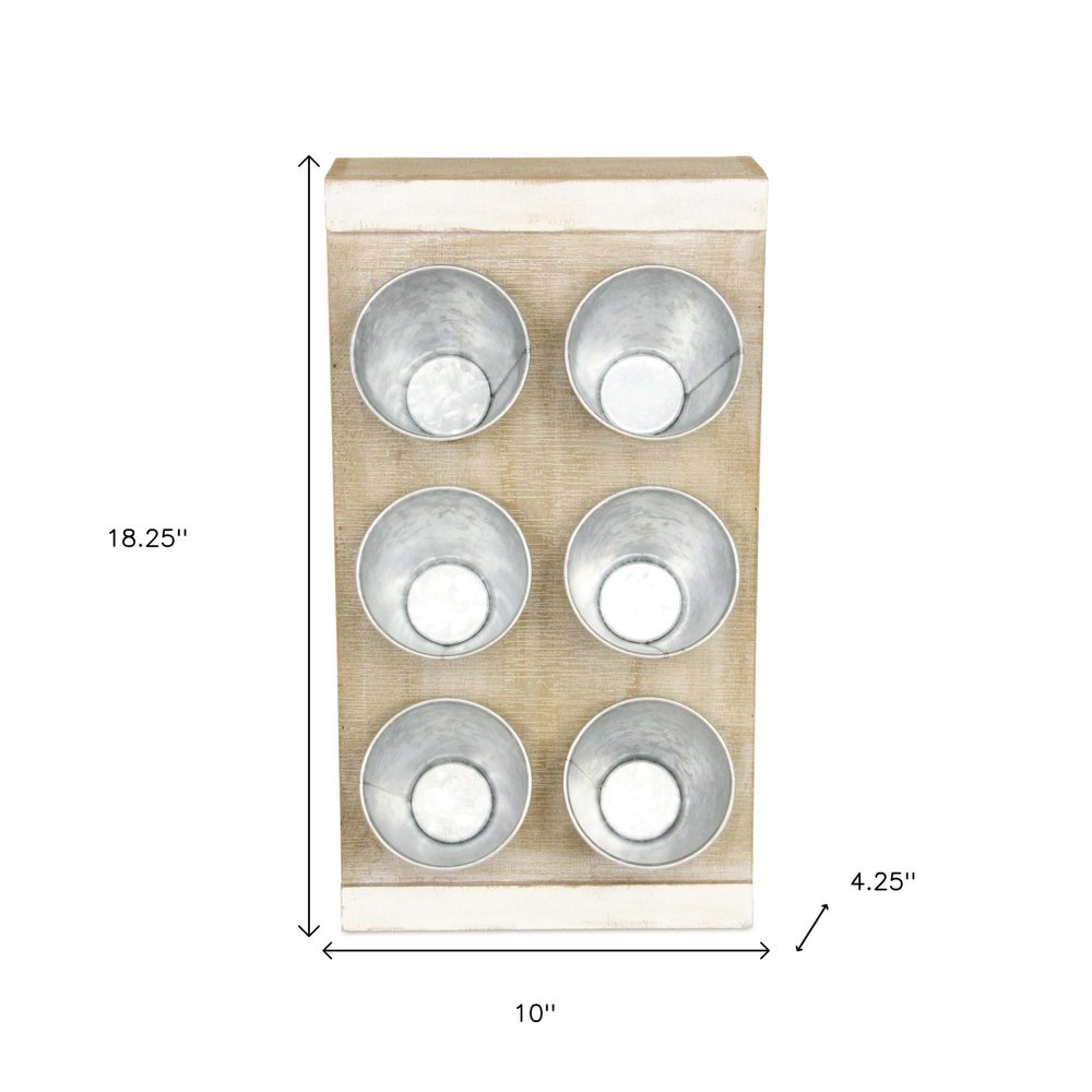Set of Six Natural And Silver Metal And Wood 10 Ounce Wall Planters With Stand