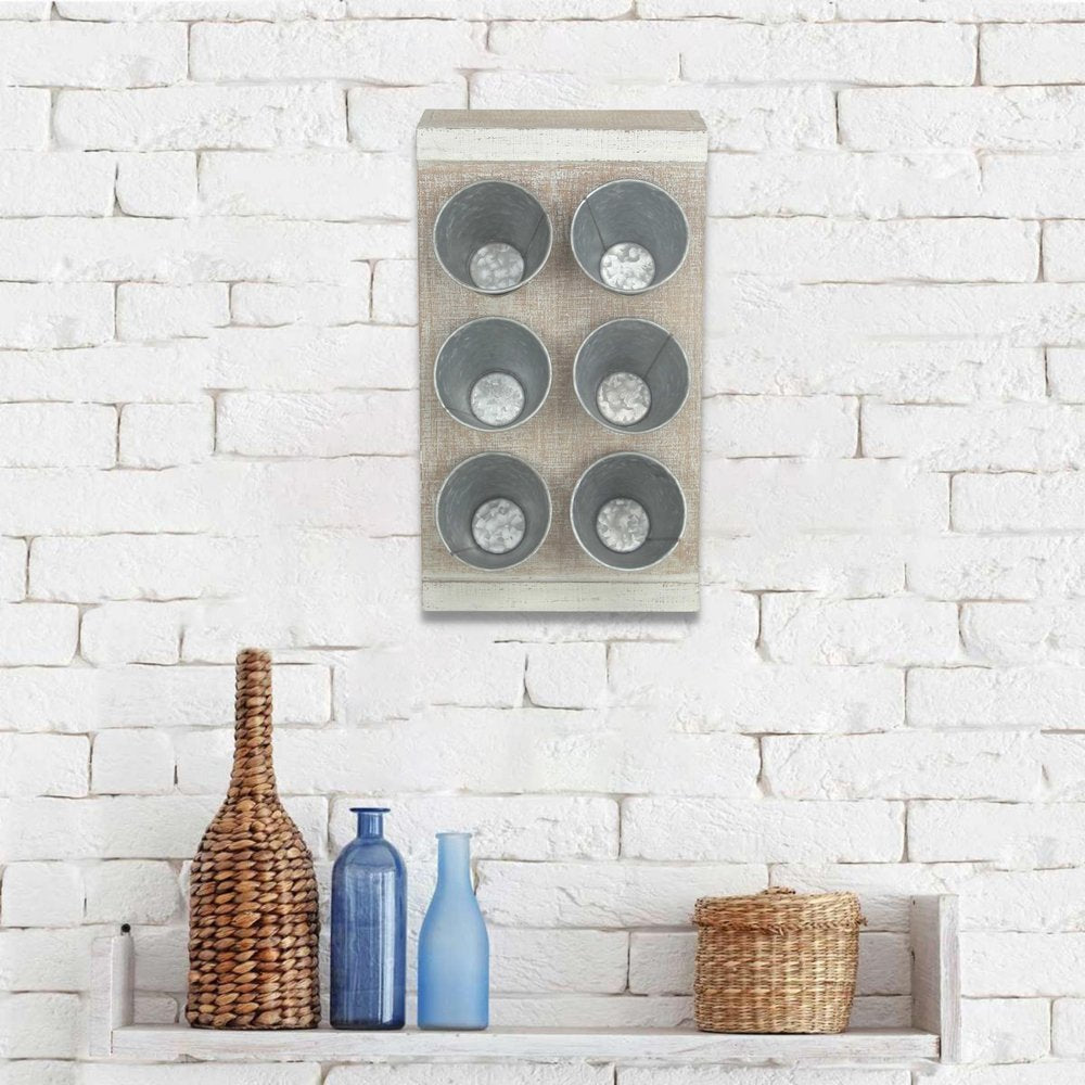 Set of Six Natural And Silver Metal And Wood 10 Ounce Wall Planters With Stand