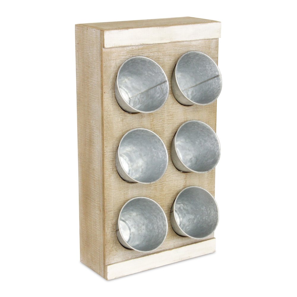 Set of Six Natural And Silver Metal And Wood 10 Ounce Wall Planters With Stand