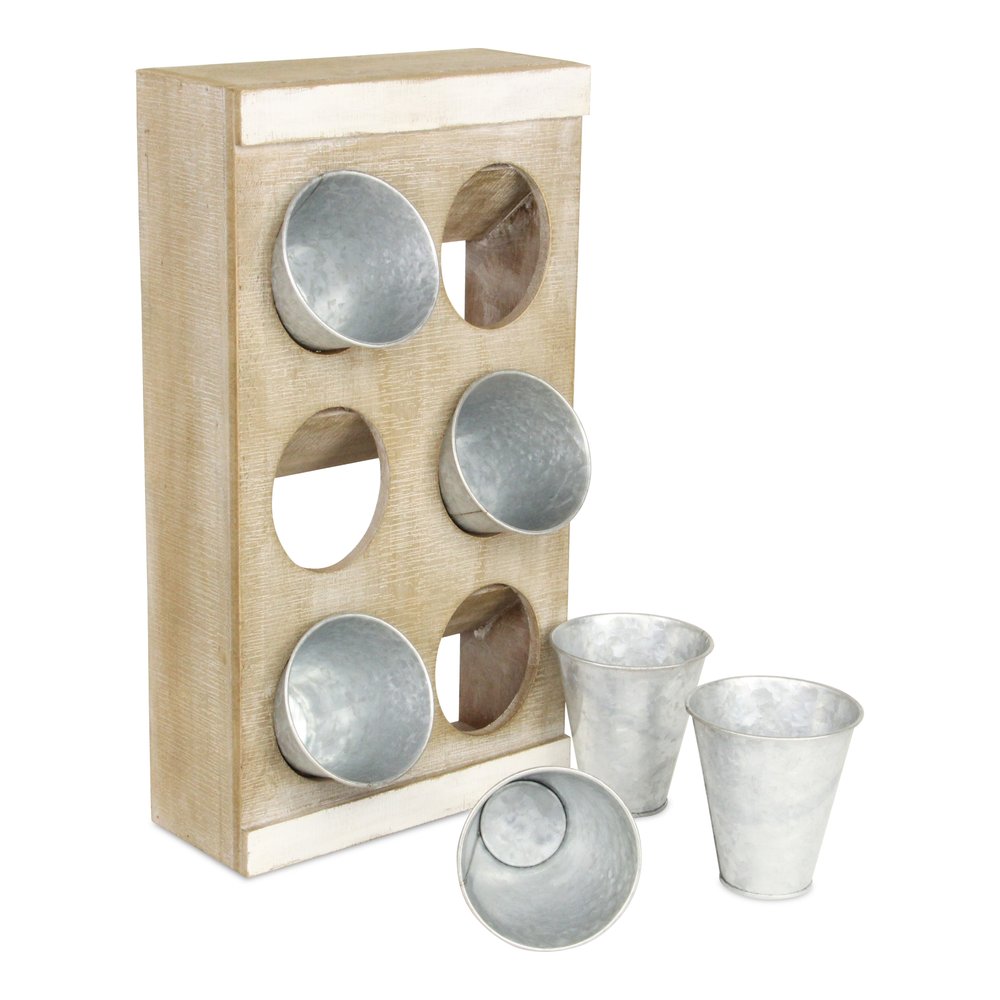 Set of Six Natural And Silver Metal And Wood 10 Ounce Wall Planters With Stand