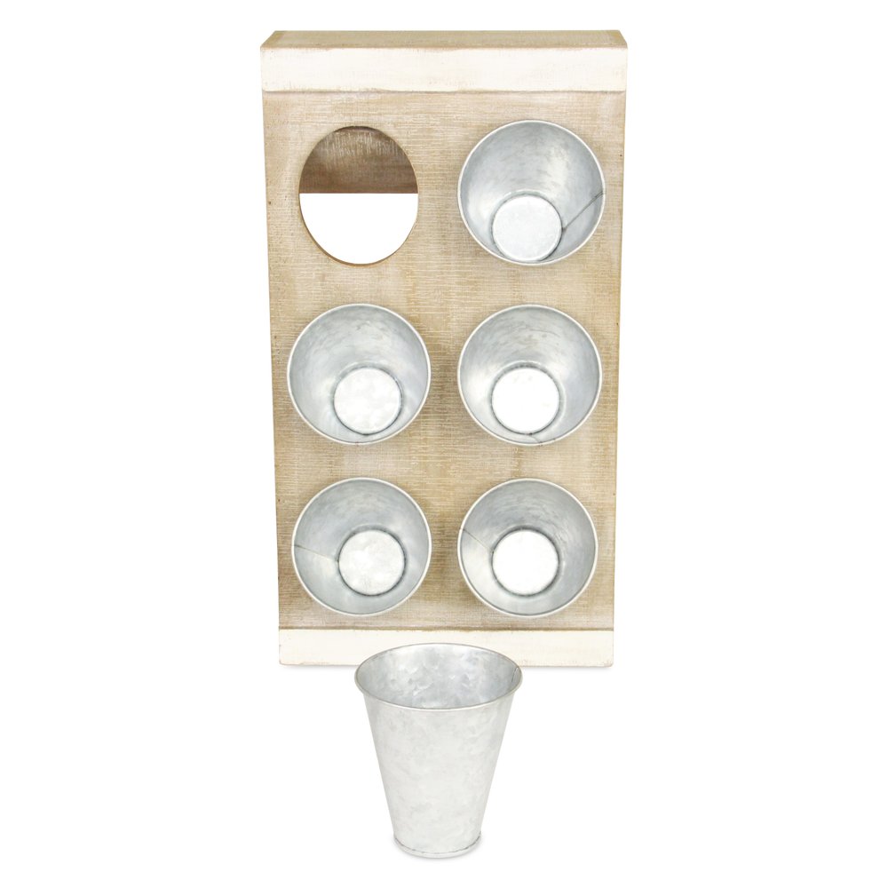 Set of Six Natural And Silver Metal And Wood 10 Ounce Wall Planters With Stand