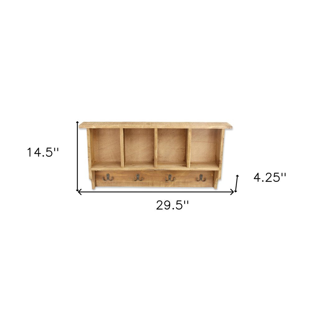 Perchero de pared de madera natural de 30" con cuatro ganchos