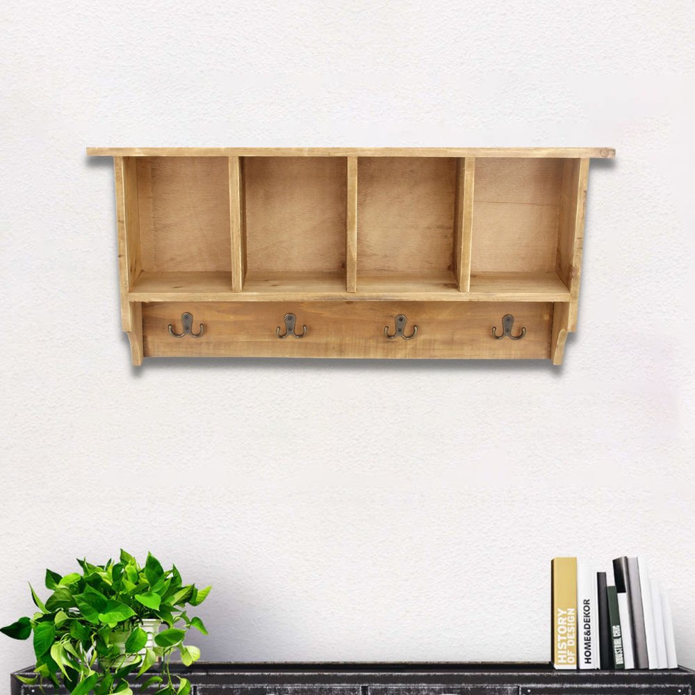 Perchero de pared de madera natural de 30" con cuatro ganchos