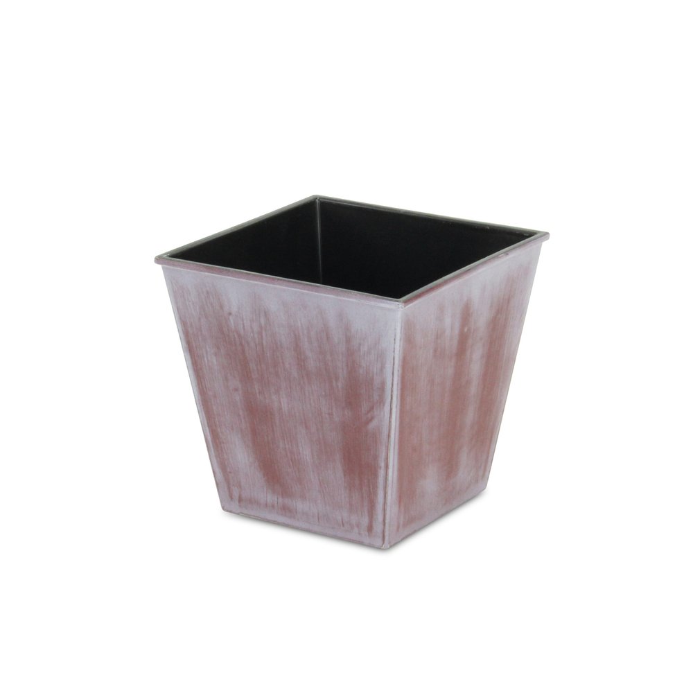 Maceta cuadrada de 5" de plástico reciclado, con textura en tonos marrón y blanquecino, para interior y exterior.