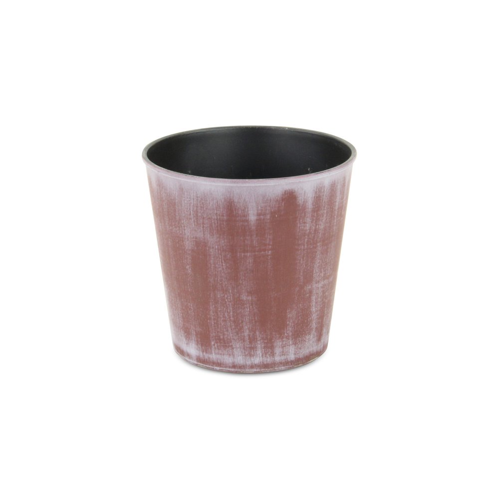 Maceta redonda de 5" de plástico reciclado, con textura en tonos marrón y blanquecino, para interior y exterior.