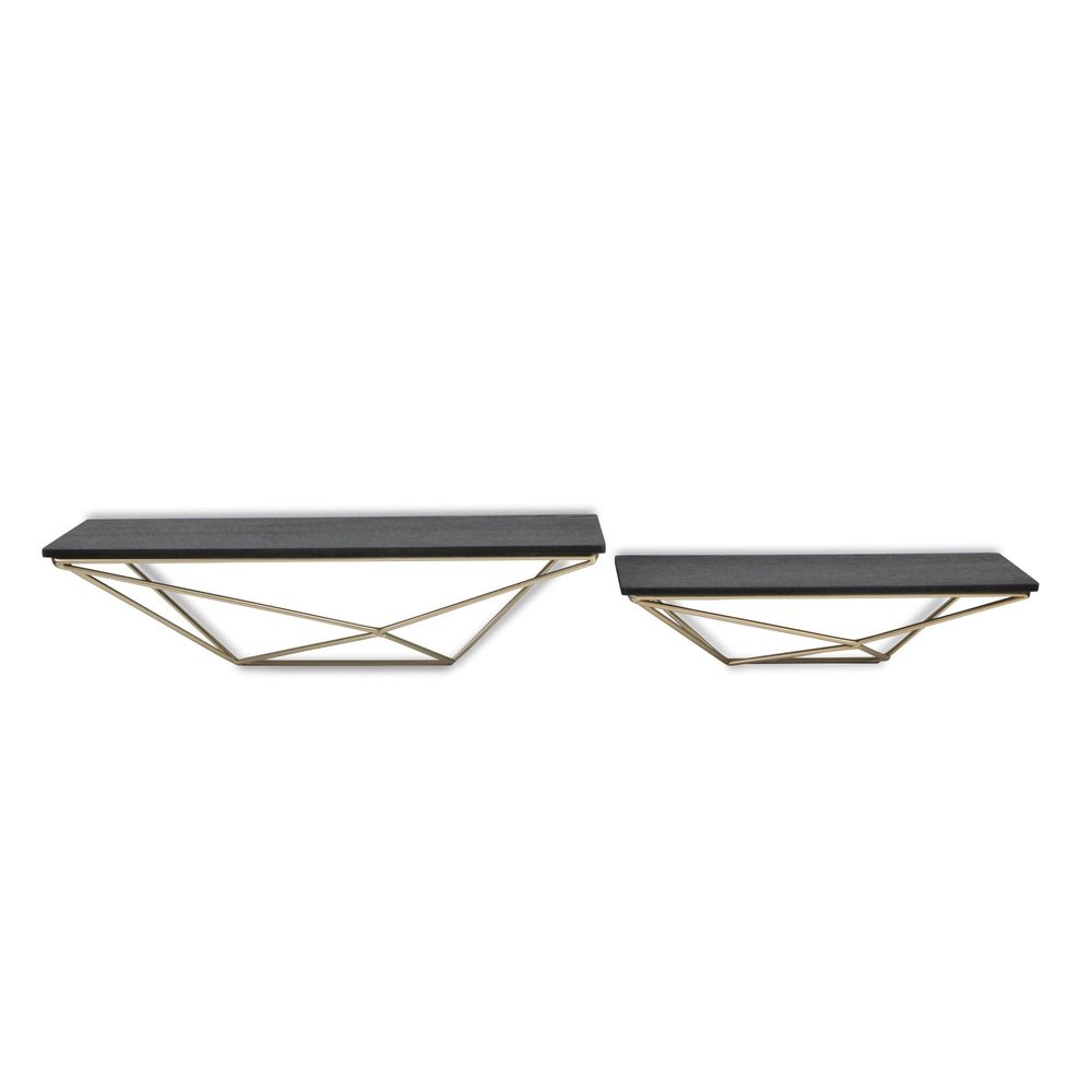 Juego de dos estantes de pared modernos de madera y metal, en negro y dorado.