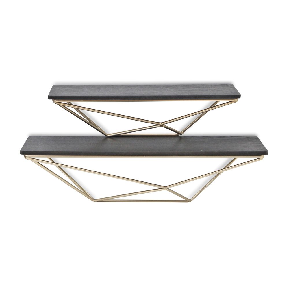 Juego de dos estantes de pared modernos de madera y metal, en negro y dorado.