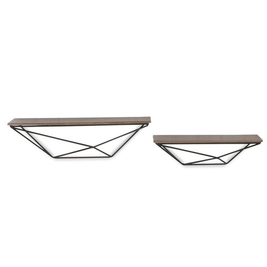 Juego de dos estantes decorativos de pared de madera y metal, en negro y marrón