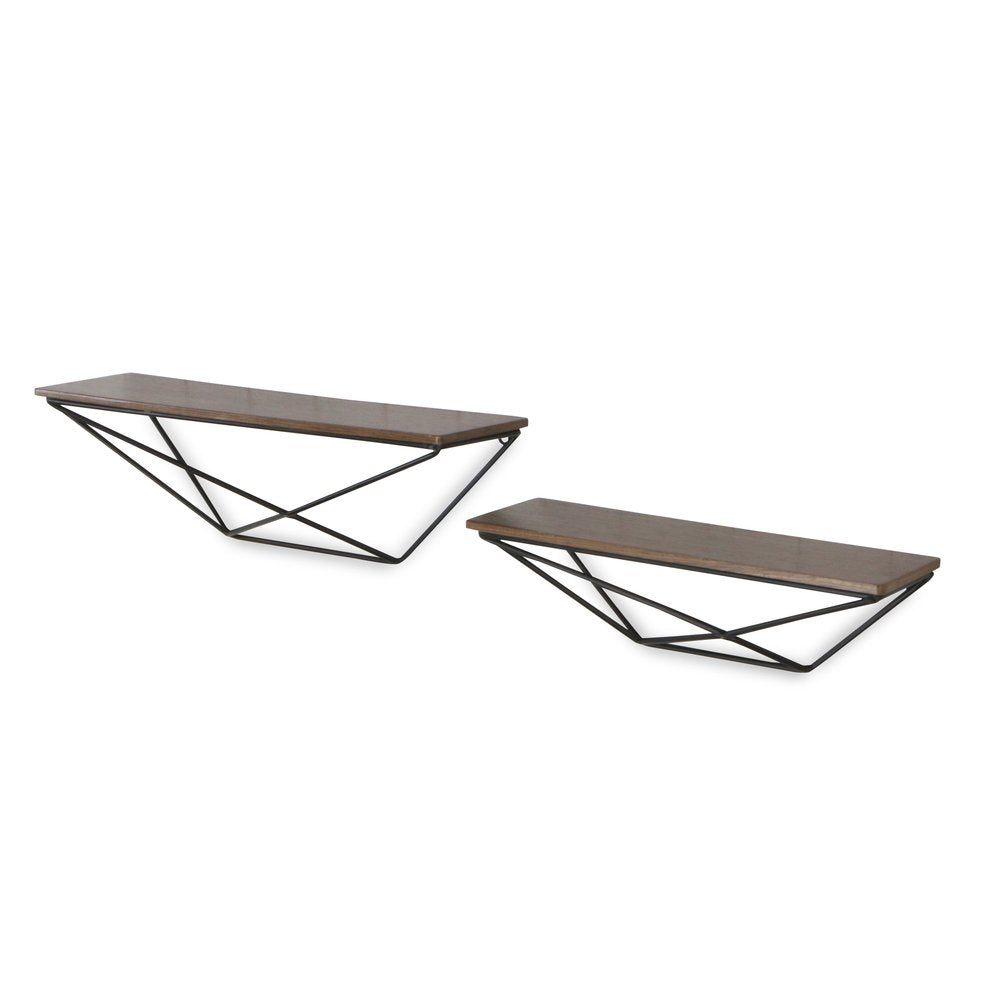Juego de dos estantes decorativos de pared de madera y metal, en negro y marrón