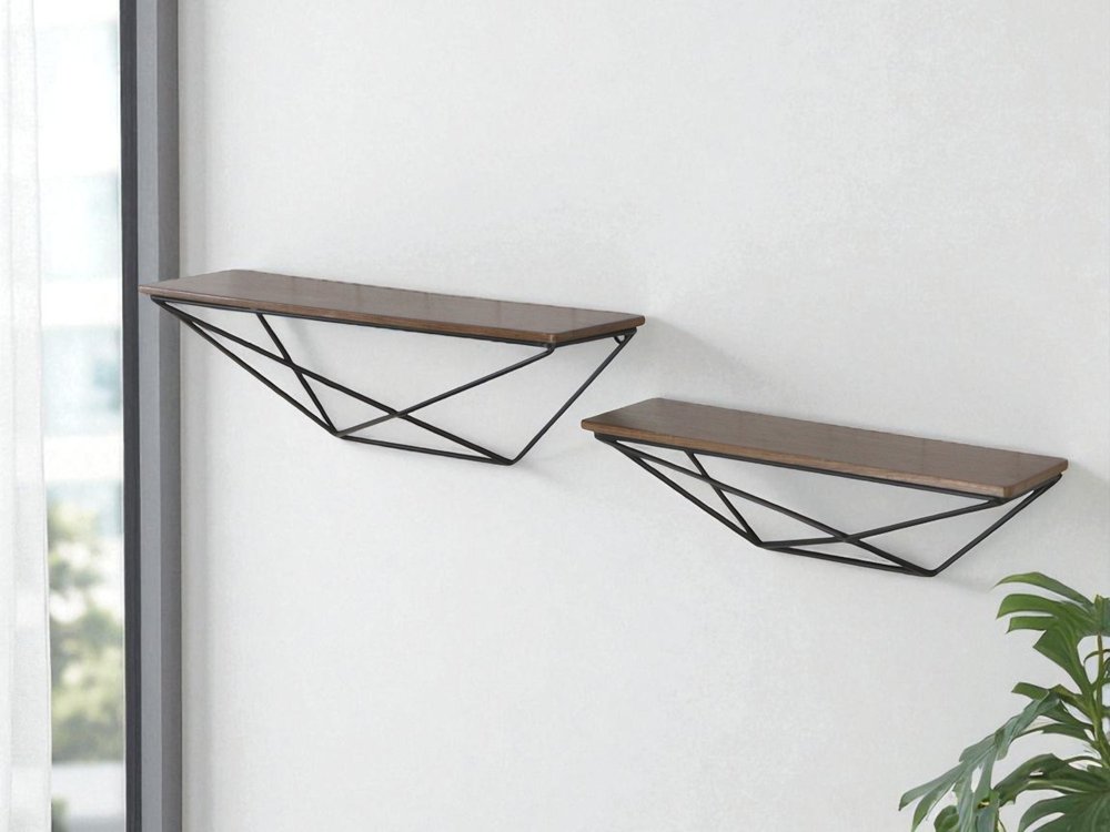 Set Of Two Black And Brown Wood And Metal Wall Mounted Accent Shelf
