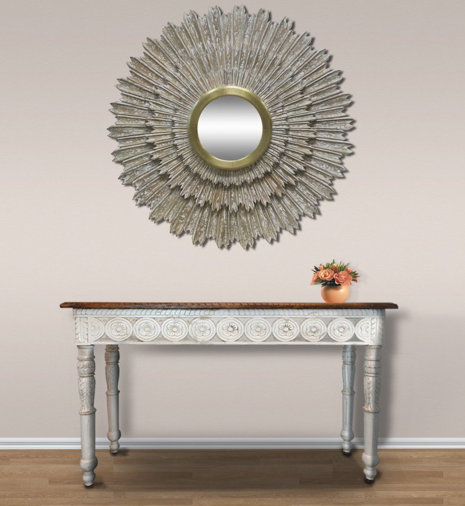 44" Antiqued Gold Sunburst Wood and Metal Framed Accent Mirror