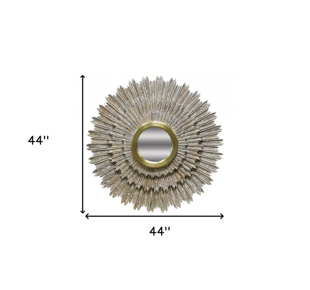 44" Antiqued Gold Sunburst Wood and Metal Framed Accent Mirror