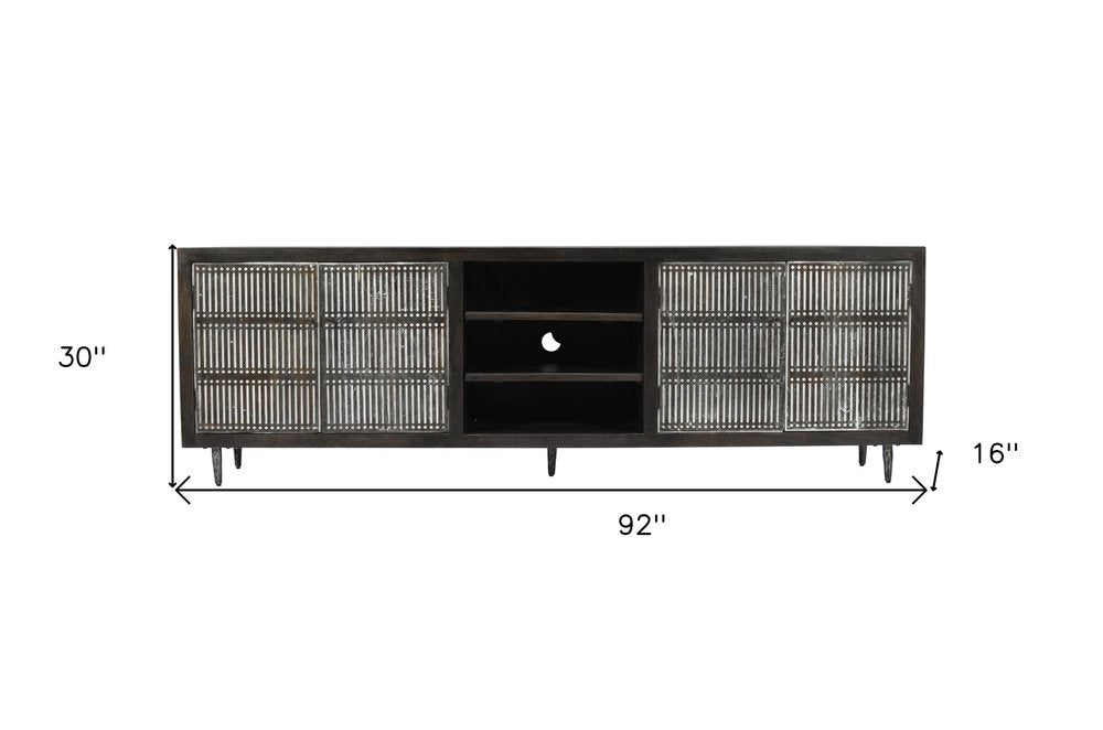 92" Dark Brown Carved Geometric Distressed Solid Wood Enclosed and Open Storage TV Stand
