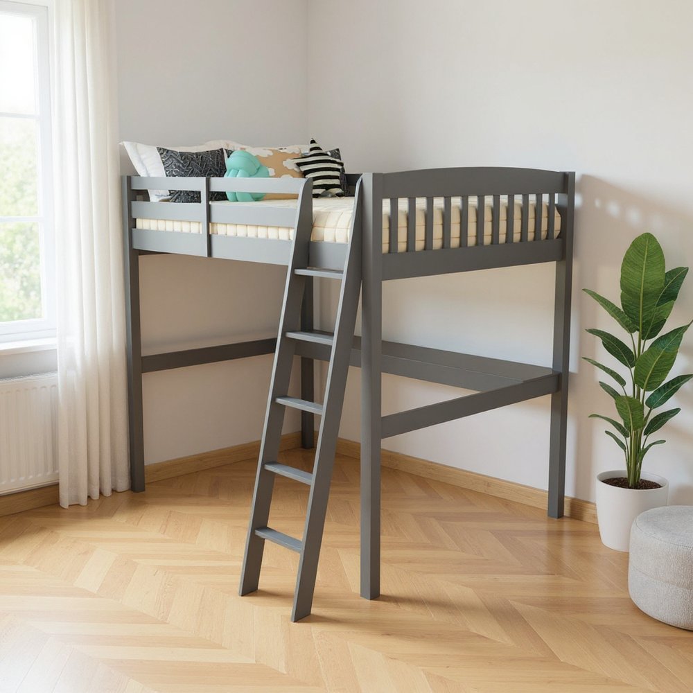 Cama alta doble de madera maciza blanca con escritorio y espacio de almacenamiento