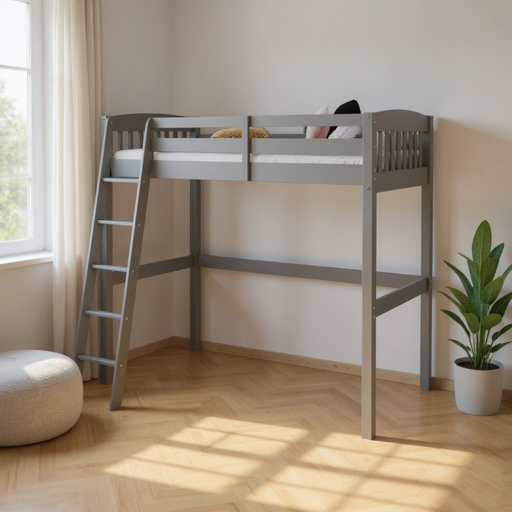 Cama alta individual de madera maciza gris con escritorio y espacio de almacenamiento