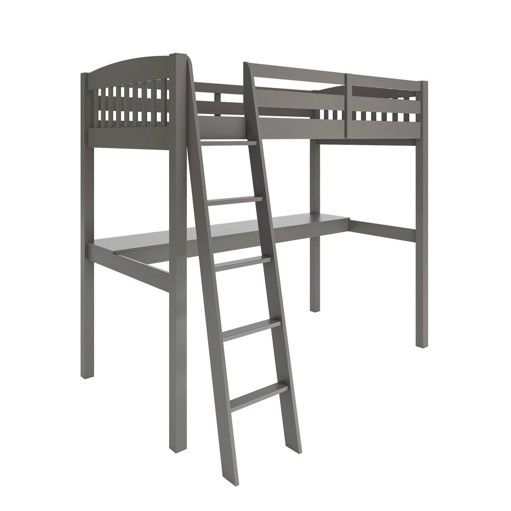 Cama alta individual de madera maciza gris con escritorio y espacio de almacenamiento
