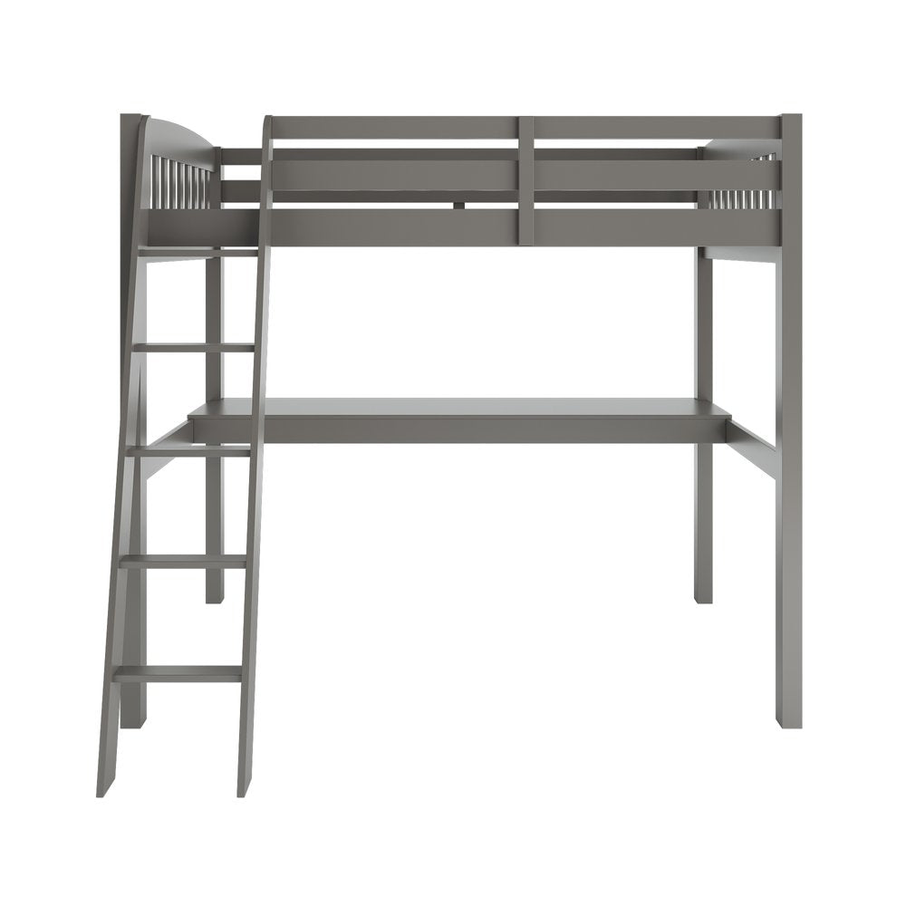 Cama alta individual de madera maciza gris con escritorio y espacio de almacenamiento