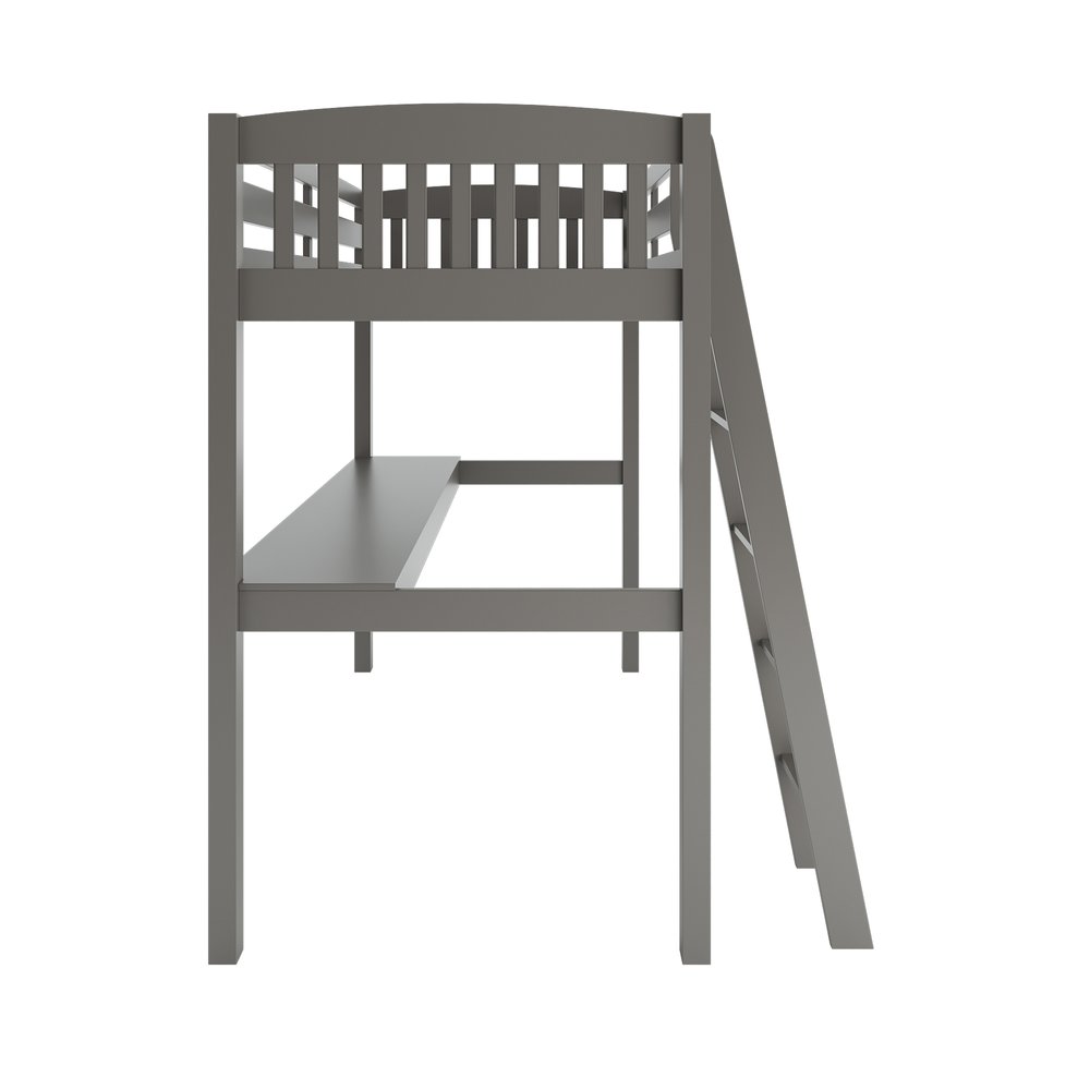 Cama alta individual de madera maciza gris con escritorio y espacio de almacenamiento