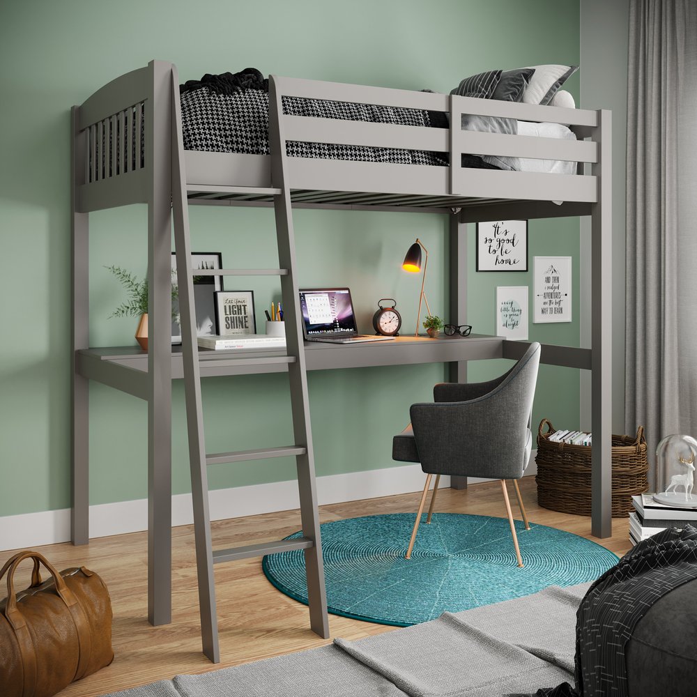 Cama alta individual de madera maciza gris con escritorio y espacio de almacenamiento