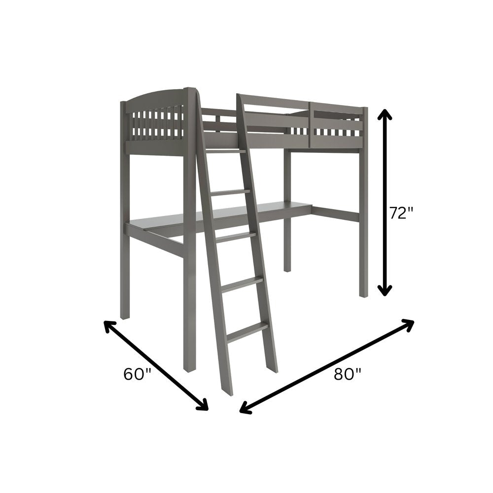 Cama alta individual de madera maciza gris con escritorio y espacio de almacenamiento