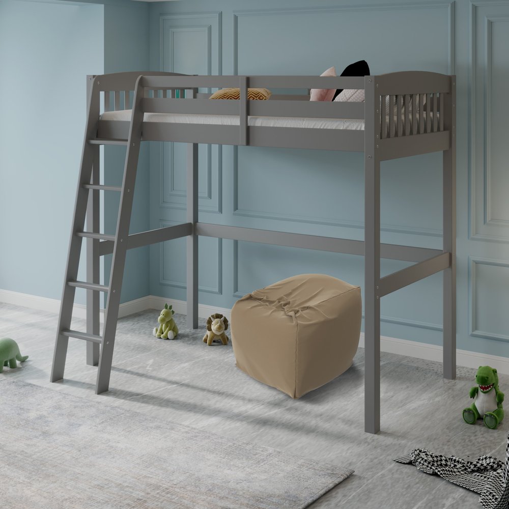 Cama alta individual de madera maciza gris con escritorio y espacio de almacenamiento