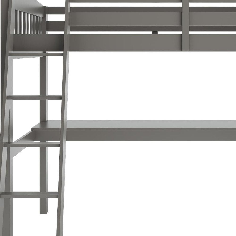 Cama alta individual de madera maciza gris con escritorio y espacio de almacenamiento