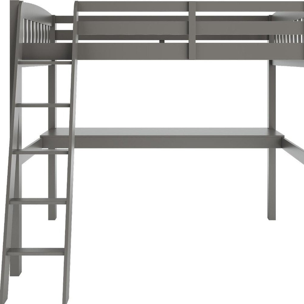 Cama alta individual de madera maciza gris con escritorio y espacio de almacenamiento
