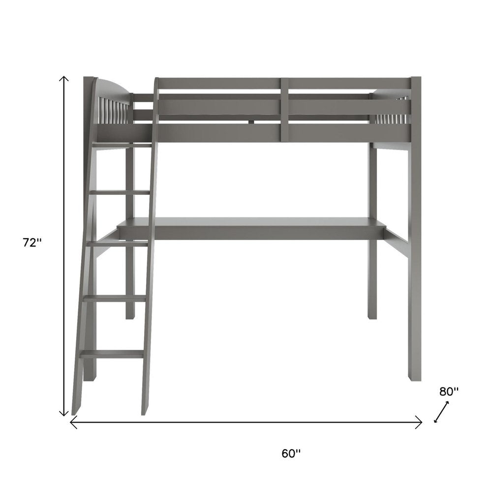 Cama alta individual de madera maciza gris con escritorio y espacio de almacenamiento