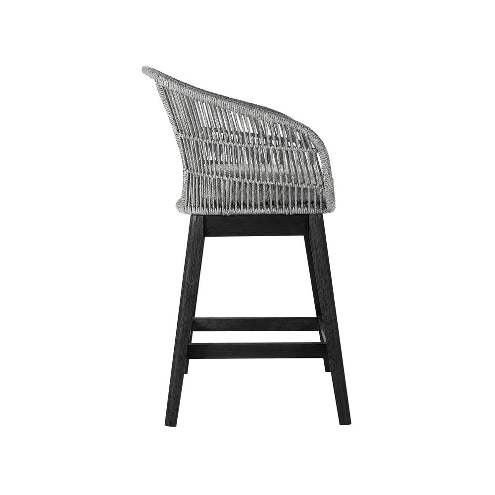 Silla de bar para exteriores de 38" de madera maciza gris claro con respaldo bajo y reposapiés