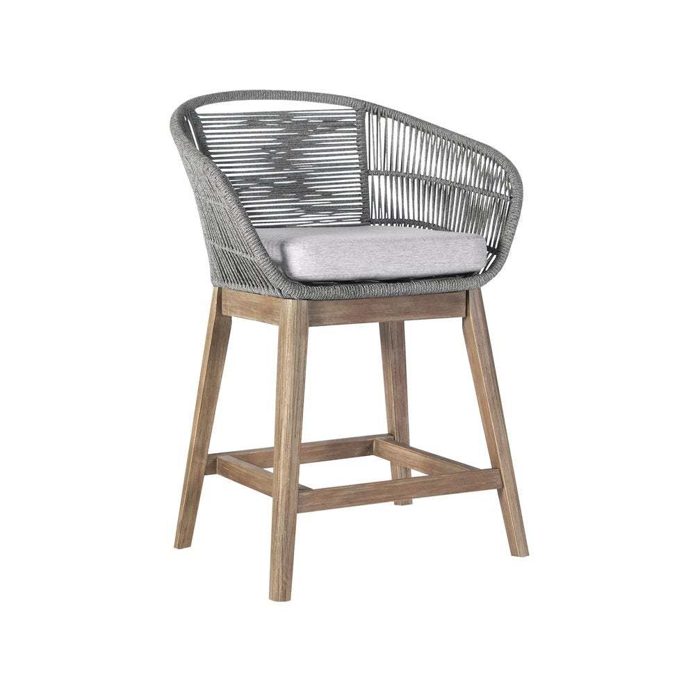 Silla de bar para exteriores de 38" de madera maciza gris claro con respaldo bajo y reposapiés