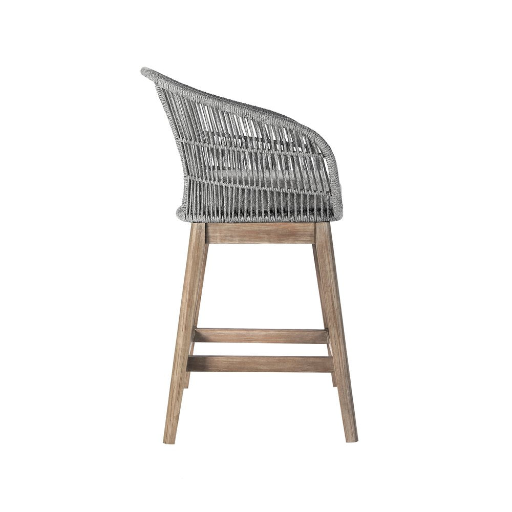 Silla de bar para exteriores de 38" de madera maciza gris claro con respaldo bajo y reposapiés