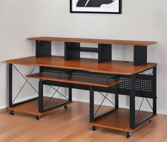 Escritorio para computadora con ruedas de madera y metal marrón y negro de 72"