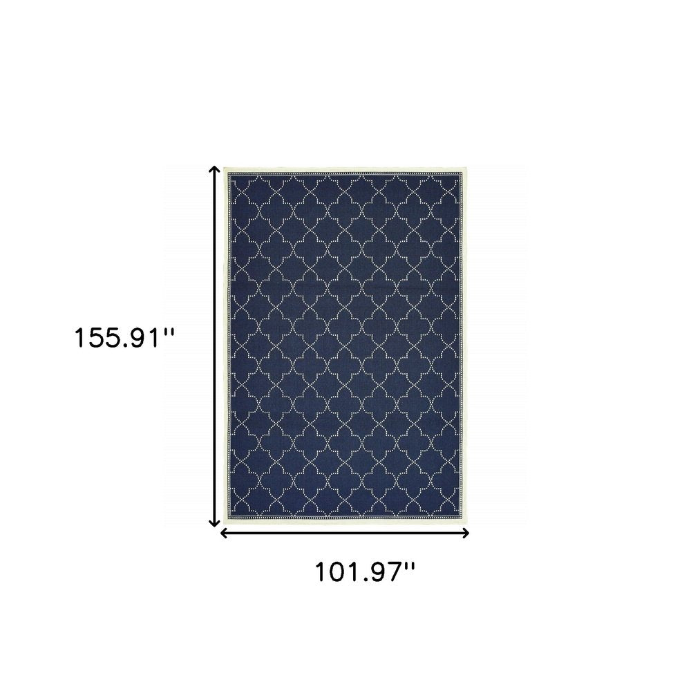 9' X 13' Blue and Ivory Geometric Stain Resistant Indoor Outdoor Area Rug