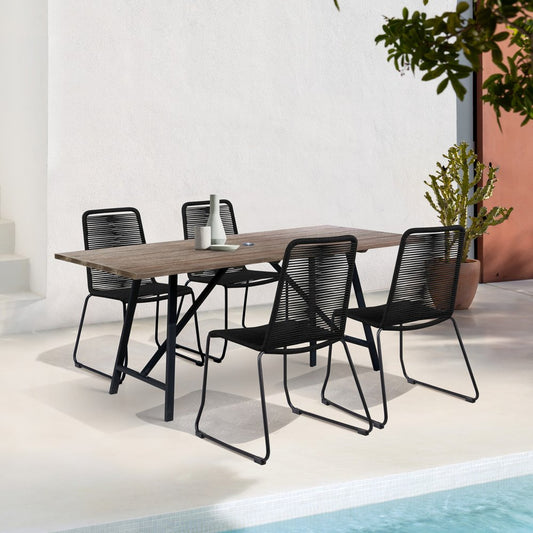 Juego de comedor de cinco piezas de madera maciza marrón y negra con cuatro sillas