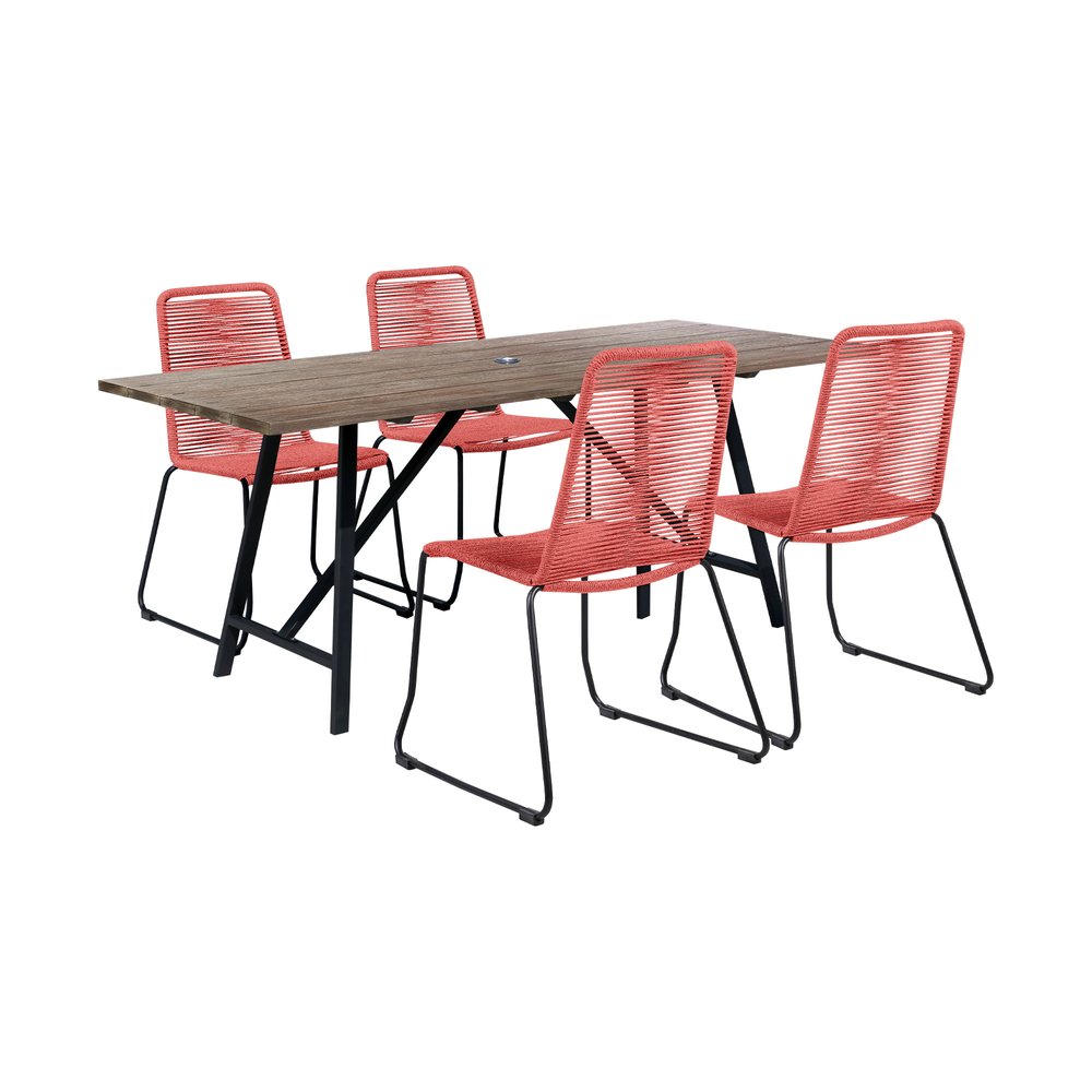 Juego de comedor de cinco piezas de madera maciza marrón y negra con cuatro sillas