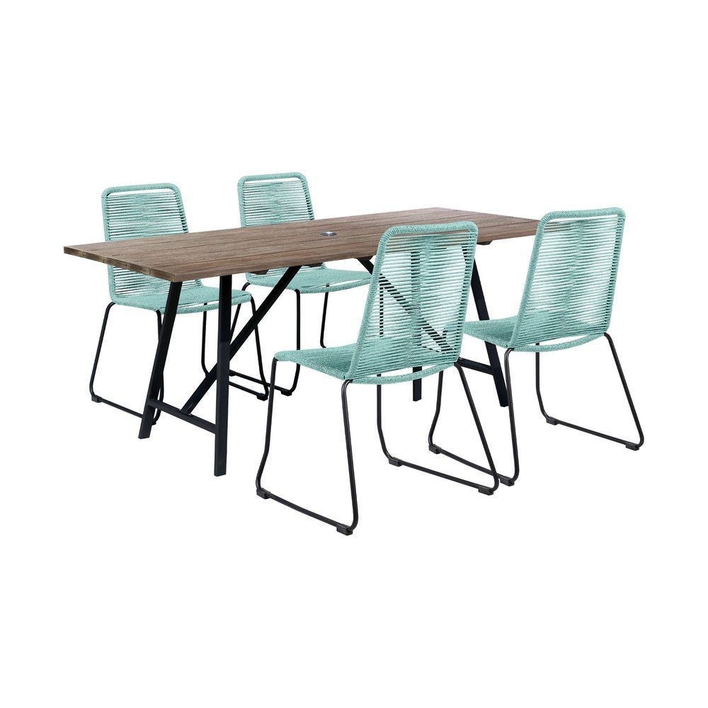 Juego de comedor de cinco piezas de madera maciza marrón y negra con cuatro sillas