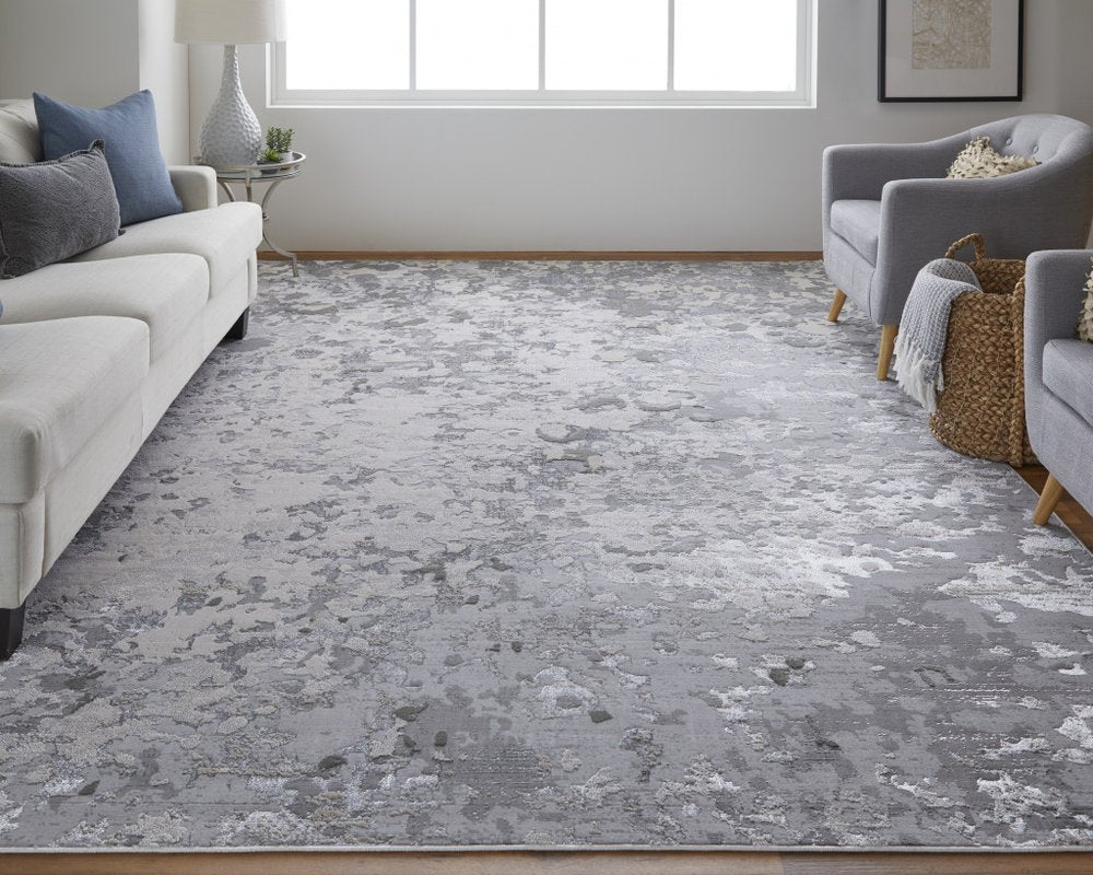 9' X 12' Silver Gray And White Abstract Area Rug